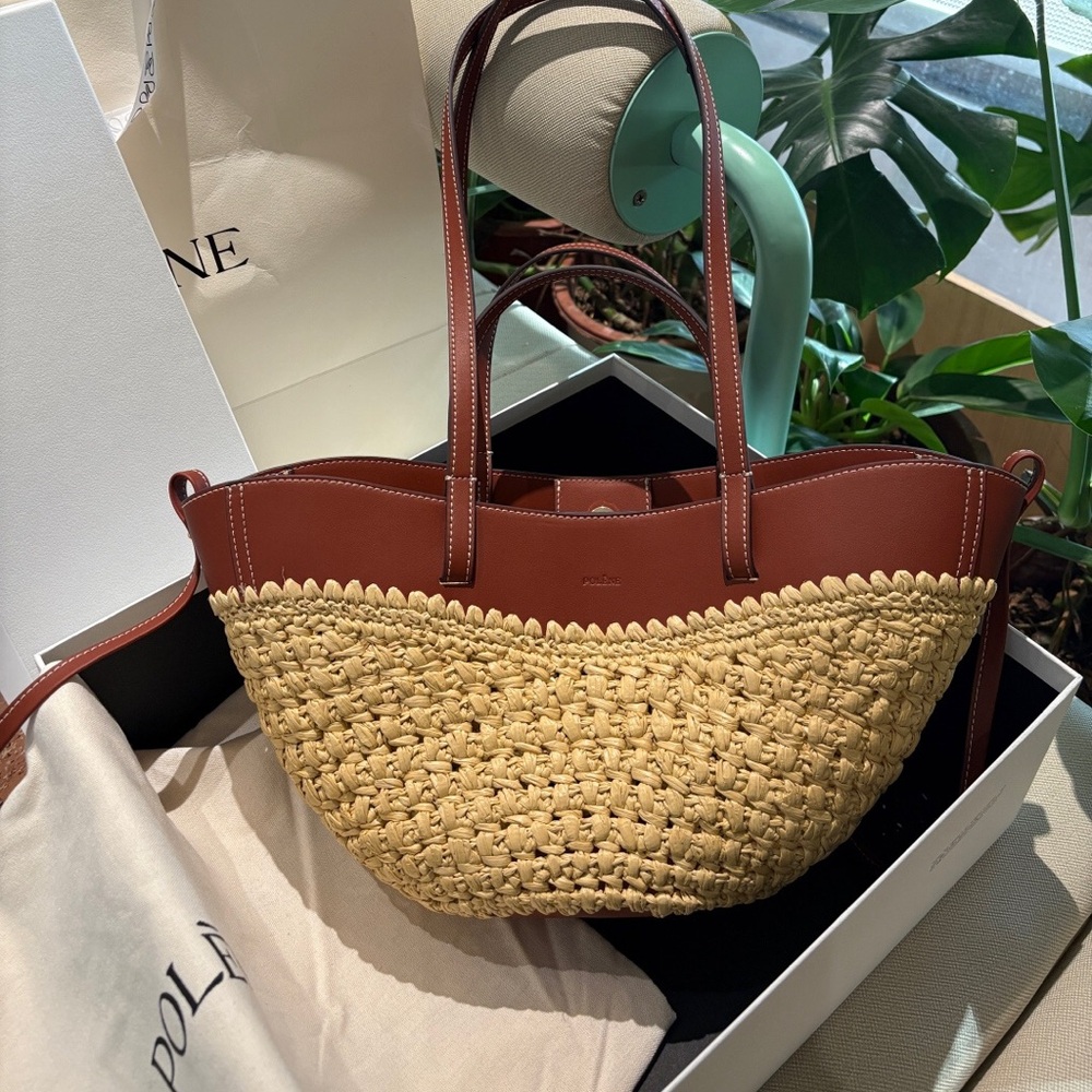 Polene Brown Leather-Trim Straw Tote
